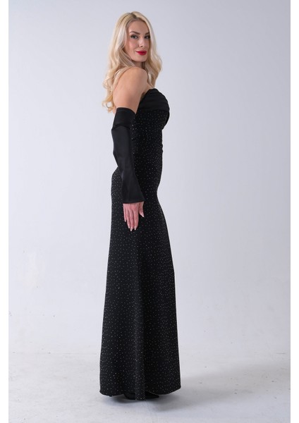 Siyah Drapeli Üzeri Işıltı Nokta Detaylı Kollu Abiye 0802502.01