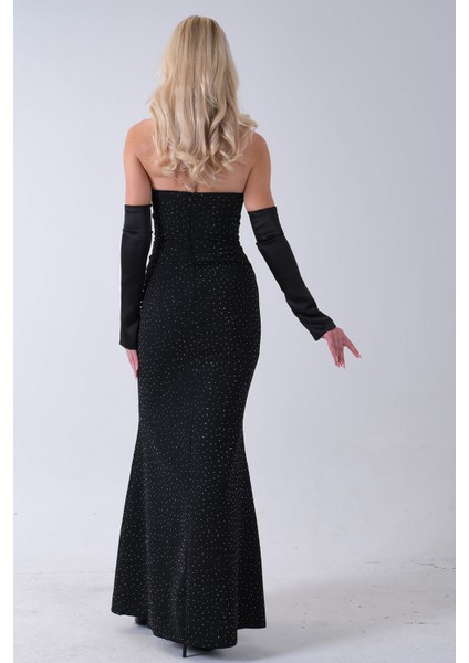 Siyah Drapeli Üzeri Işıltı Nokta Detaylı Kollu Abiye 0802502.01