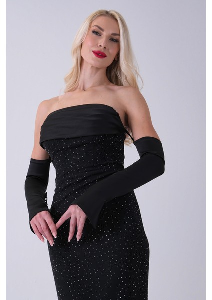 Siyah Drapeli Üzeri Işıltı Nokta Detaylı Kollu Abiye 0802502.01