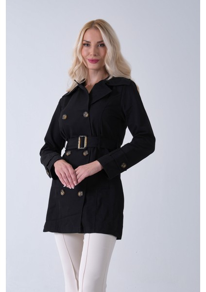 Siyah Bilek ve Omuz Apolet Detaylı Kemerli Düğme Kapamalı Trenç 4200829.01