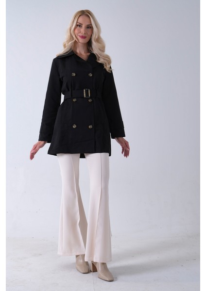 Siyah Bilek ve Omuz Apolet Detaylı Kemerli Düğme Kapamalı Trenç 4200829.01 modelleri