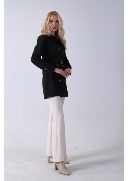 Siyah Bilek ve Omuz Apolet Detaylı Kemerli Düğme Kapamalı Trenç 4200829.01 fırsatları