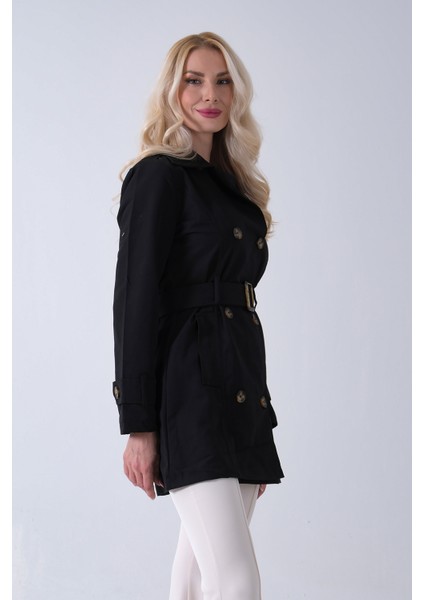 Siyah Bilek ve Omuz Apolet Detaylı Kemerli Düğme Kapamalı Trenç 4200829.01 indirimleri