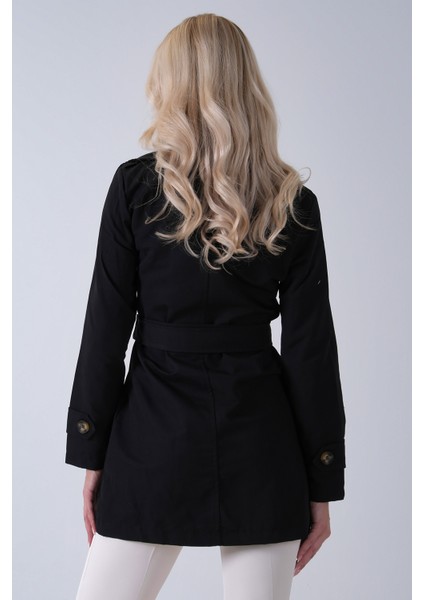 Siyah Bilek ve Omuz Apolet Detaylı Kemerli Düğme Kapamalı Trenç 4200829.01