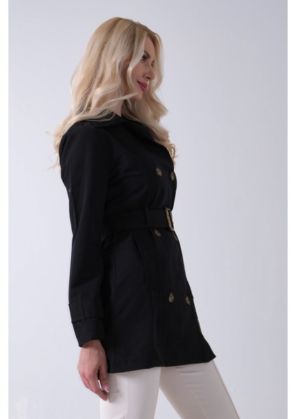 Siyah Bilek ve Omuz Apolet Detaylı Kemerli Düğme Kapamalı Trenç 4200829.01