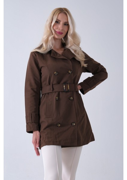 Kahve Bilek ve Omuz Apolet Detaylı Kemerli Düğme Kapamalı Trenç 4200829.05