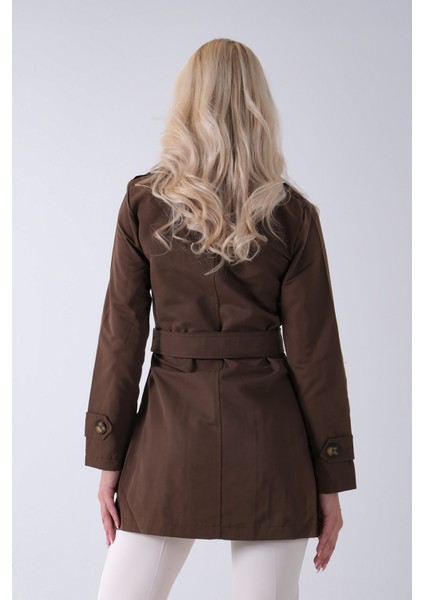 Kahve Bilek ve Omuz Apolet Detaylı Kemerli Düğme Kapamalı Trenç 4200829.05