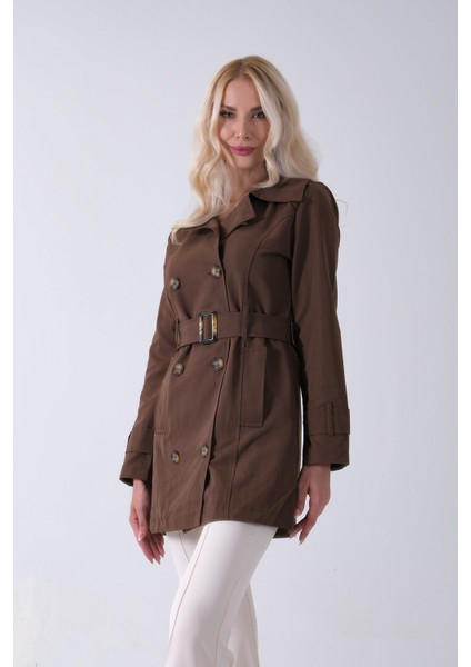 Kahve Bilek ve Omuz Apolet Detaylı Kemerli Düğme Kapamalı Trenç 4200829.05