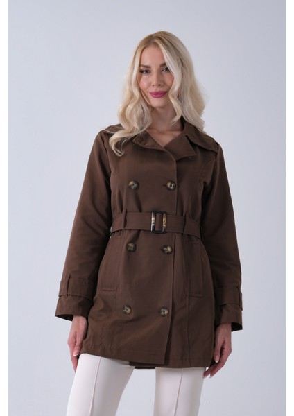 Kahve Bilek ve Omuz Apolet Detaylı Kemerli Düğme Kapamalı Trenç 4200829.05