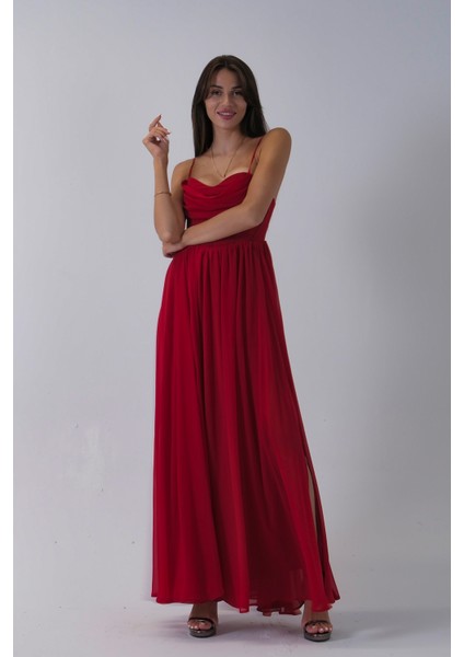 Kırmızı Askılı Drapeli Uzun Şifon Abiye 08020032.08 fırsatları
