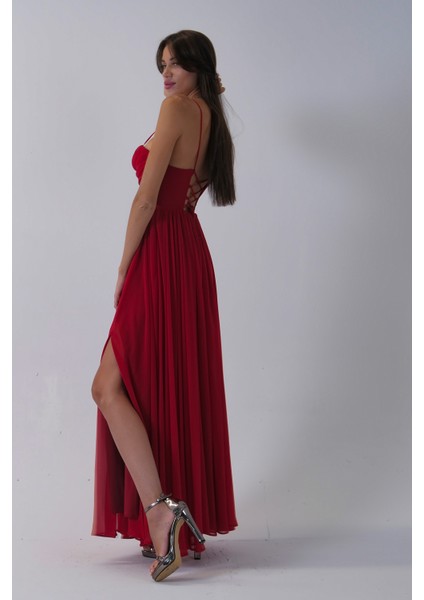 Kırmızı Askılı Drapeli Uzun Şifon Abiye 08020032.08 indirimleri