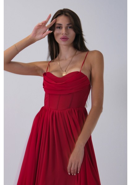 Kırmızı Askılı Drapeli Uzun Şifon Abiye 08020032.08
