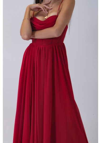 Kırmızı Askılı Drapeli Uzun Şifon Abiye 08020032.08