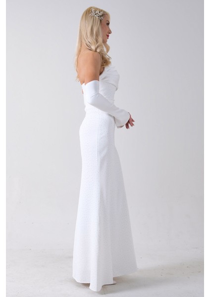 Beyaz Drapeli Üzeri Işıltı Nokta Detaylı Kollu Abiye 0802502.15 indirimleri