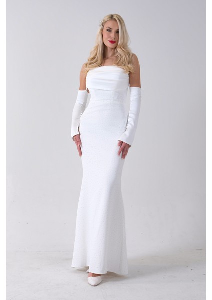 Beyaz Drapeli Üzeri Işıltı Nokta Detaylı Kollu Abiye 0802502.15