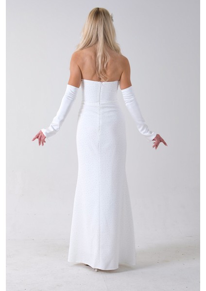 Beyaz Drapeli Üzeri Işıltı Nokta Detaylı Kollu Abiye 0802502.15