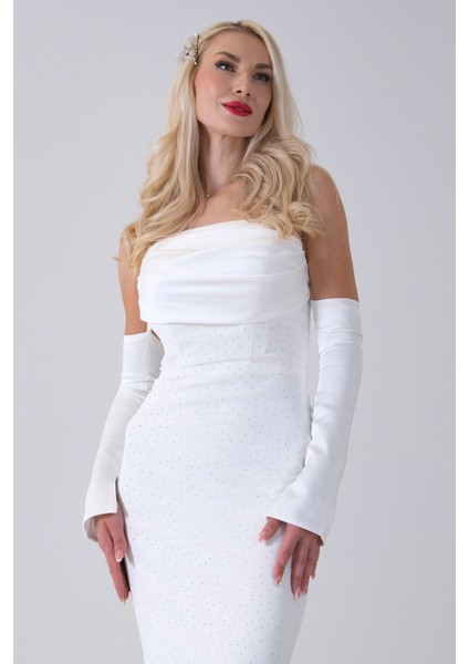 Beyaz Drapeli Üzeri Işıltı Nokta Detaylı Kollu Abiye 0802502.15