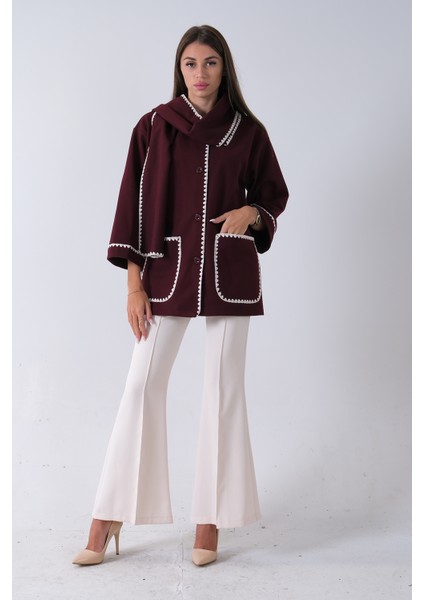 Bordo Önü Düğmeli Atkılı Süs Dikiş Detaylı Cepli Kısa Kaban 31050712.04