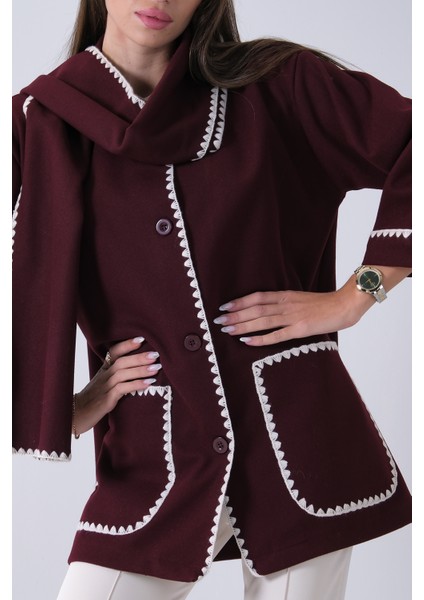 Bordo Önü Düğmeli Atkılı Süs Dikiş Detaylı Cepli Kısa Kaban 31050712.04