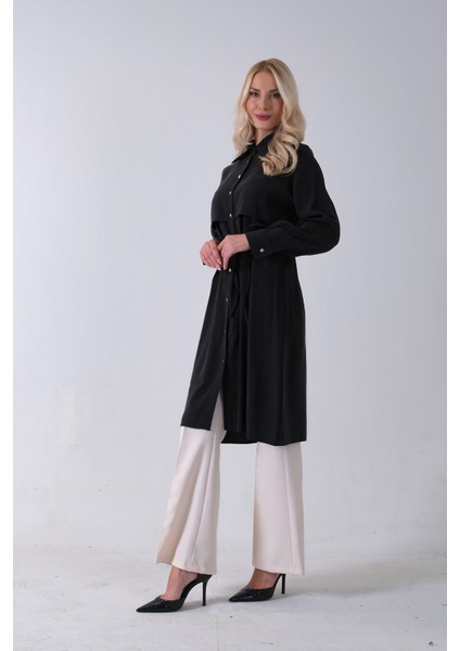 Siyah Önü Aller Detaylı Bağcıklı Modal Tunik 31050762.01