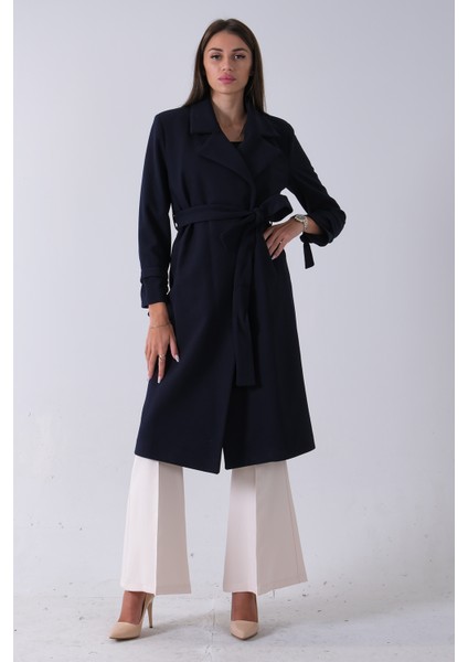 Lacivert Kol Bağlamalı Seyyar Kuşaklı Uzun Kaşe Kaban 41630051.02 fiyatları