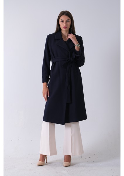Lacivert Kol Bağlamalı Seyyar Kuşaklı Uzun Kaşe Kaban 41630051.02