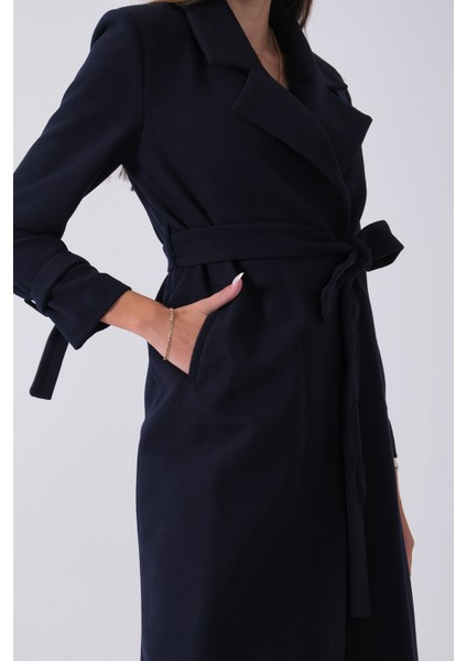 Lacivert Kol Bağlamalı Seyyar Kuşaklı Uzun Kaşe Kaban 41630051.02