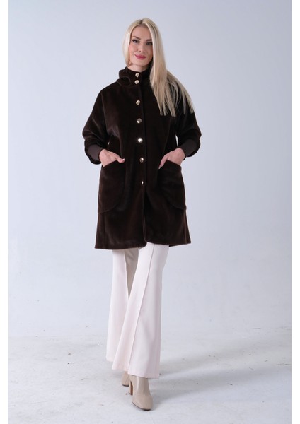 Kahve 2 Torba Cep Kapüşonlu Düğme Kapamalı Bileği Lastikli Peluş Kaban 41630062.05