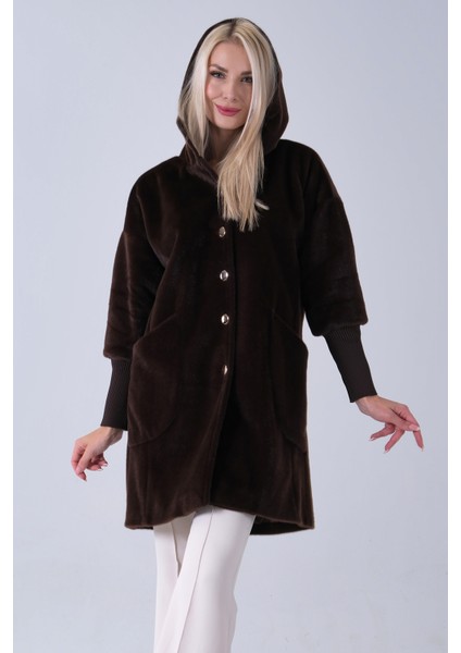 Kahve 2 Torba Cep Kapüşonlu Düğme Kapamalı Bileği Lastikli Peluş Kaban 41630062.05