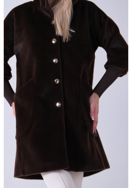 Kahve 2 Torba Cep Kapüşonlu Düğme Kapamalı Bileği Lastikli Peluş Kaban 41630062.05