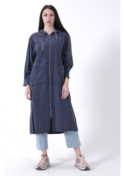 Lacivert Çift Cep Detaylı Fermuar Kapamalı Kapüşonlu Kap 44510684.02