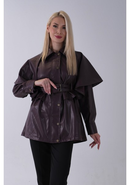 Bordo Yakalı Kendinden Pelerinli Kemerli Deri Ceket 5309366.04