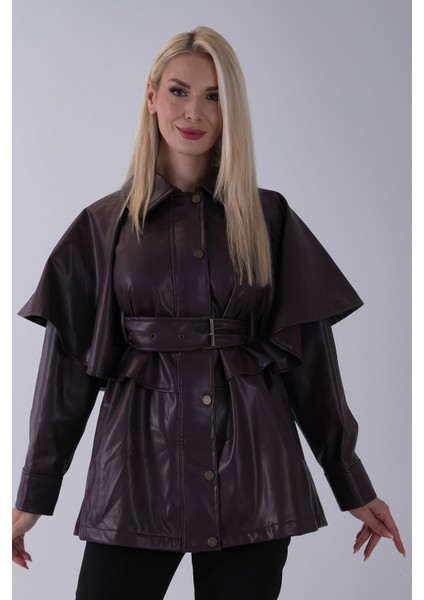 Bordo Yakalı Kendinden Pelerinli Kemerli Deri Ceket 5309366.04 fiyatları