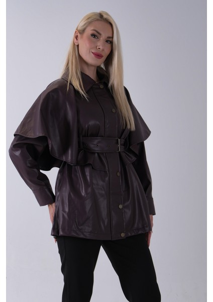 Bordo Yakalı Kendinden Pelerinli Kemerli Deri Ceket 5309366.04 modelleri