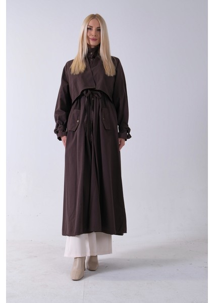 Kahve Belden Bağlama Detaylı Yandan Cepli Uzun Trenç 422237.05