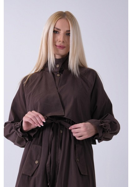 Kahve Belden Bağlama Detaylı Yandan Cepli Uzun Trenç 422237.05