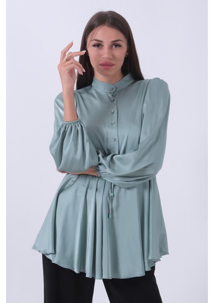 Mint Kolu Lastikli Belden Bağlamalı Saten Tunik 44510418.27
