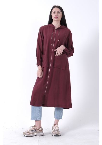 Bordo Çift Cep Detaylı Fermuar Kapamalı Kapüşonlu Kap 44510684.04