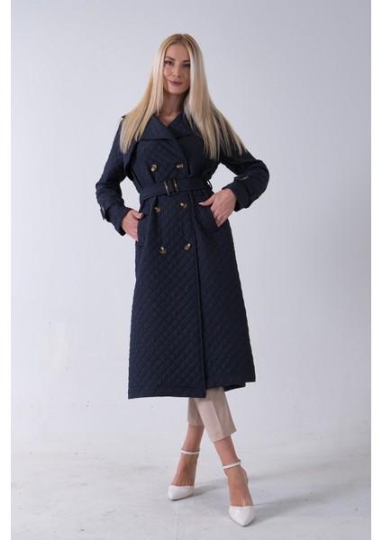 Lacivert Beli Kemerli Düğme Kapamalı Kapitone Desenli Trenç 44520205.02 indirimleri