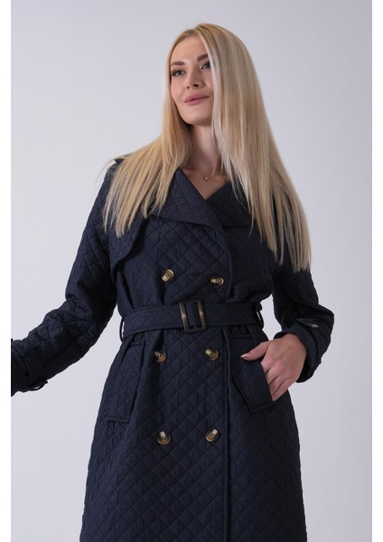 Lacivert Beli Kemerli Düğme Kapamalı Kapitone Desenli Trenç 44520205.02