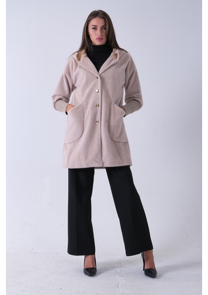 Bej 2 Torba Cep Kapüşonlu Düğme Kapamalı Bileği Lastikli Peluş Kaban 41630062.55