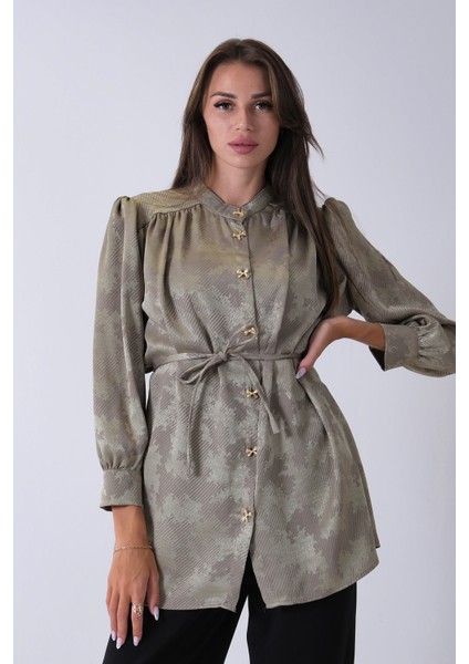 Haki Hakim Yaka Bel Bağlamalı Desenli Tunik 4595333.23