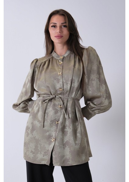 Haki Hakim Yaka Bel Bağlamalı Desenli Tunik 4595333.23 fiyatları