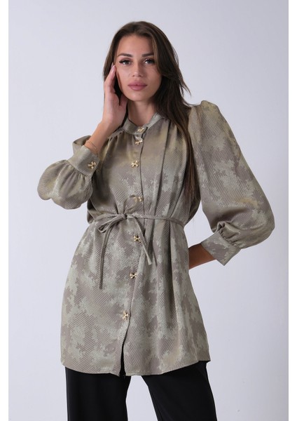 Haki Hakim Yaka Bel Bağlamalı Desenli Tunik 4595333.23 modelleri