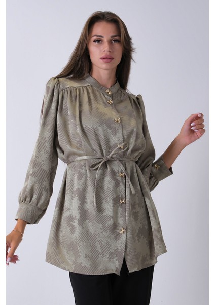 Haki Hakim Yaka Bel Bağlamalı Desenli Tunik 4595333.23 fırsatları