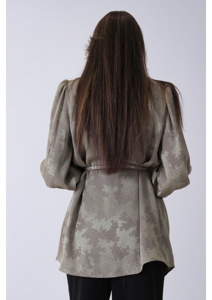 Haki Hakim Yaka Bel Bağlamalı Desenli Tunik 4595333.23