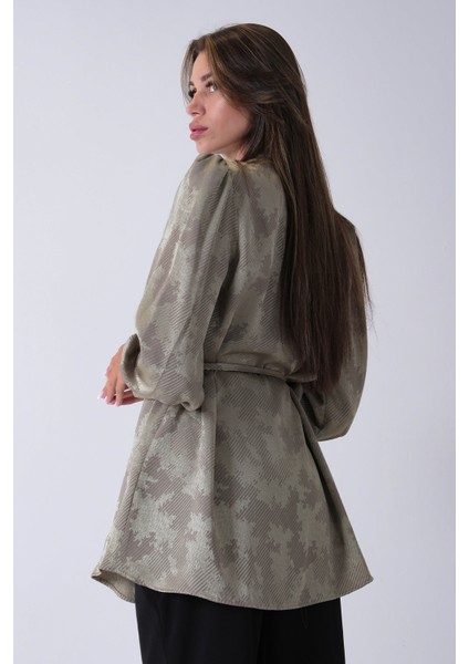 Haki Hakim Yaka Bel Bağlamalı Desenli Tunik 4595333.23