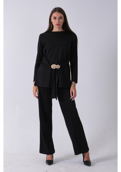 Siyah Altın Toka Detaylı Pantolonlu Takım 4577282.01