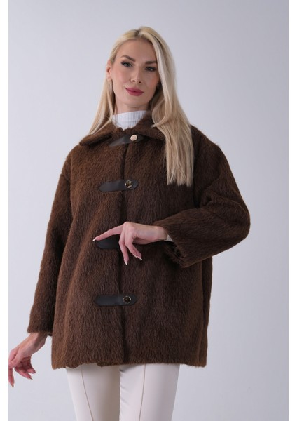 Kahve Gömlek Yakalı 4 Düğme Deri Bukle Detaylı Kaşe Yün Ceket 5307122.05