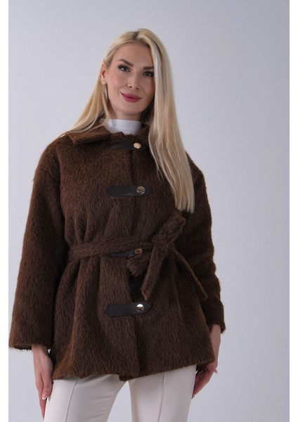 Kahve Gömlek Yakalı 4 Düğme Deri Bukle Detaylı Kaşe Yün Ceket 5307122.05